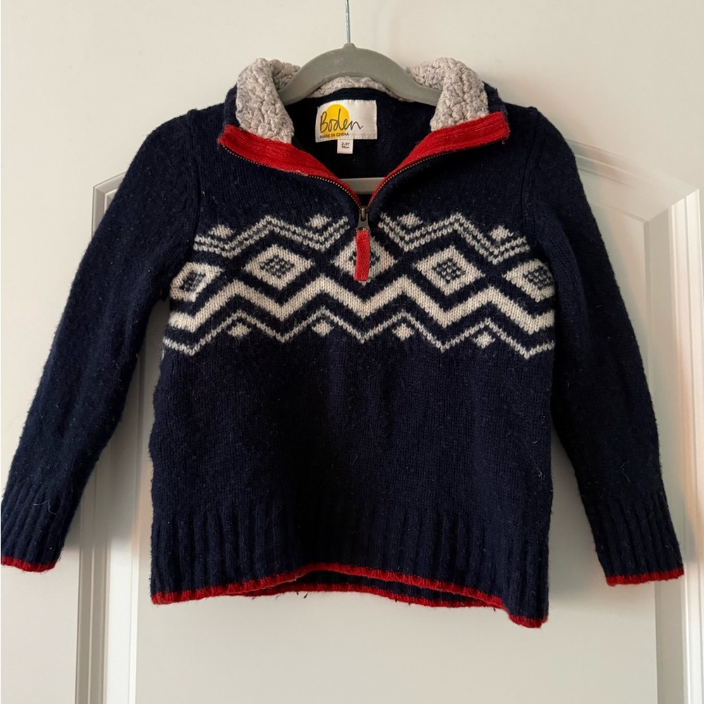 Mini Boden Navy Sweater with White Fair Isle and Red Trim (2T/3T)